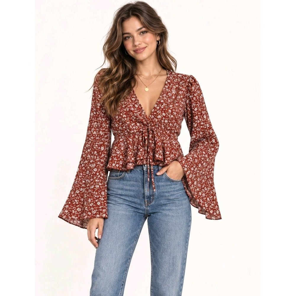 Red Ditsy Floral Tie Frnt Cropped 90s Peasant Top Cottagecore Boho Flared Sleeve